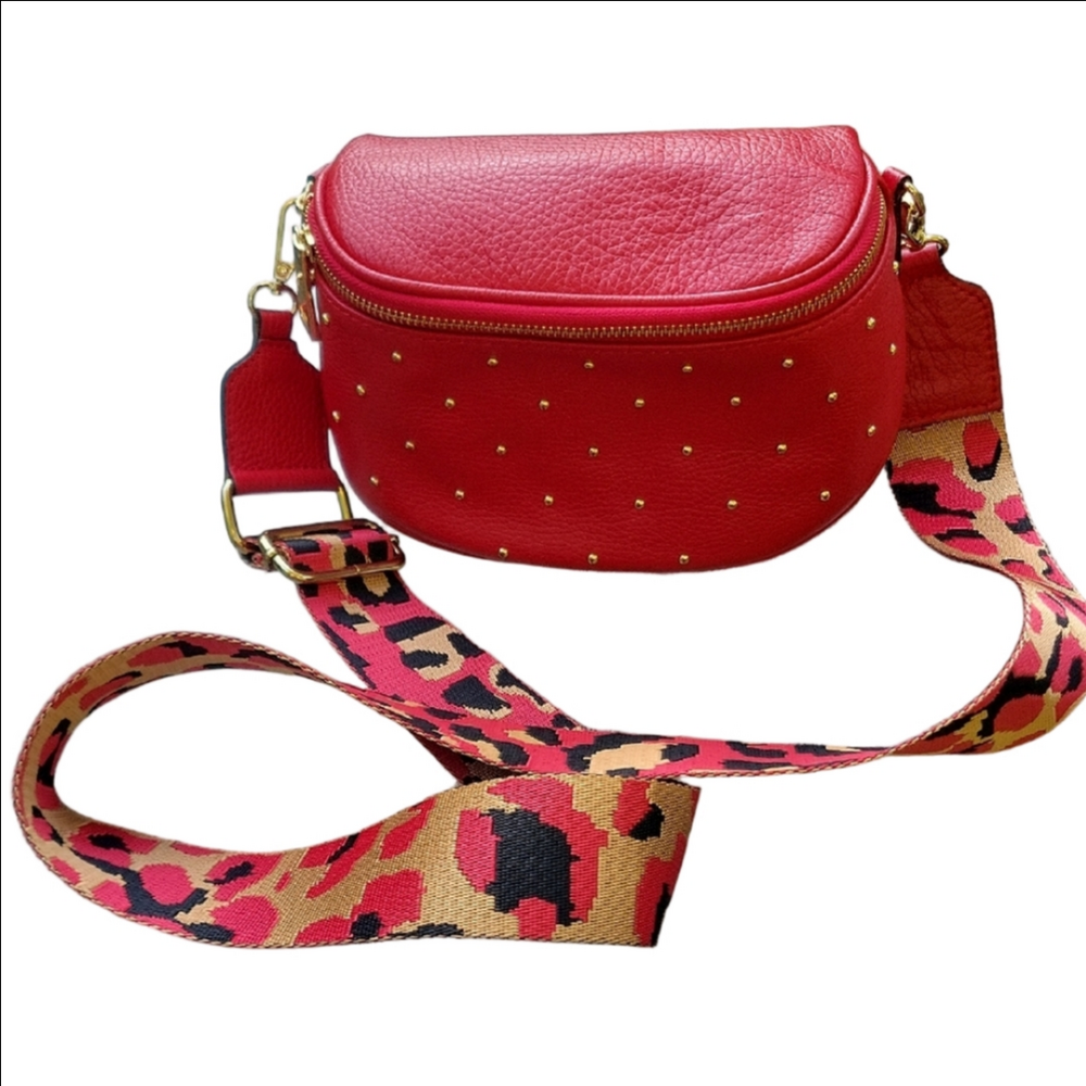Red Crossbody Bag 3D Gold Beads Animal Print Seatbelt Strap Italian Leather